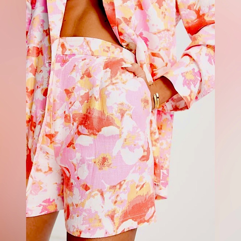 ASOS LINEN PRINTED SUIT SHORTS IN ABSTRACT FLORAL